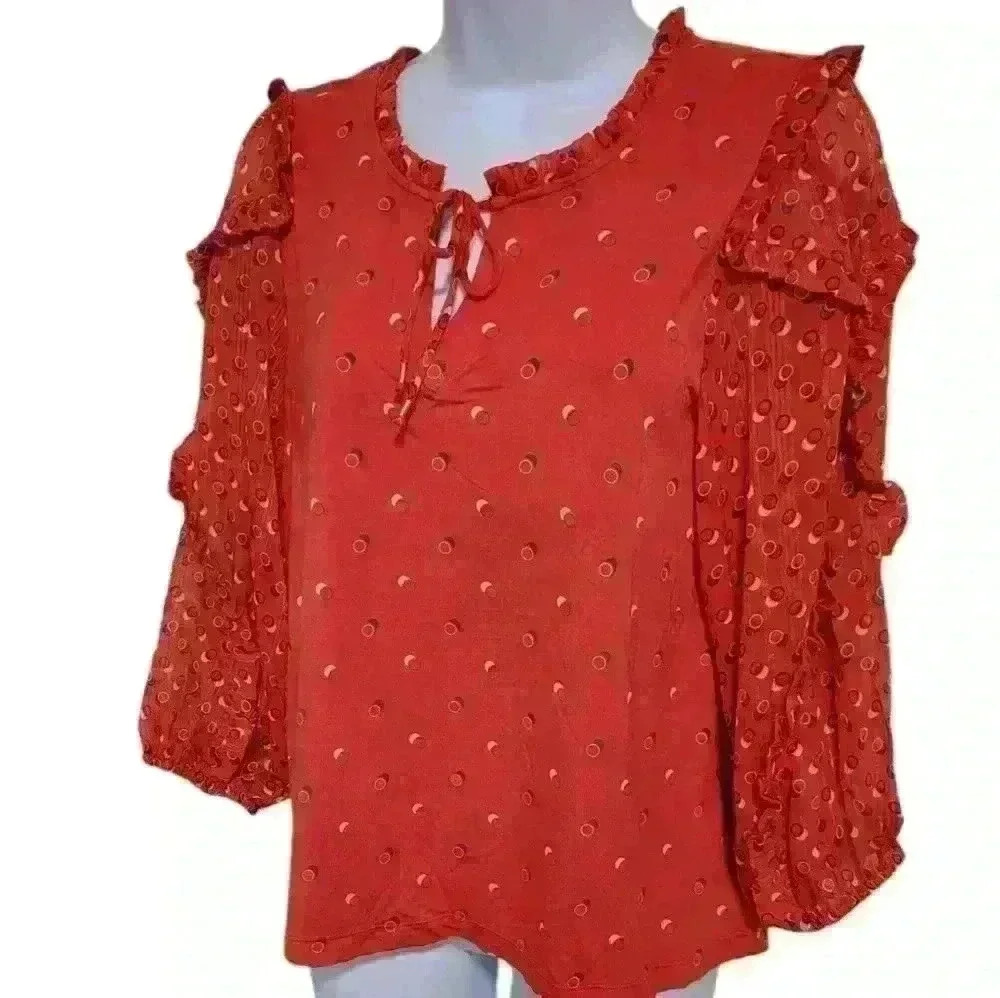 Maeve by Anthropologie Red Puffy Sleeve Tie Neck Top Size Small - Picture 2 of 15